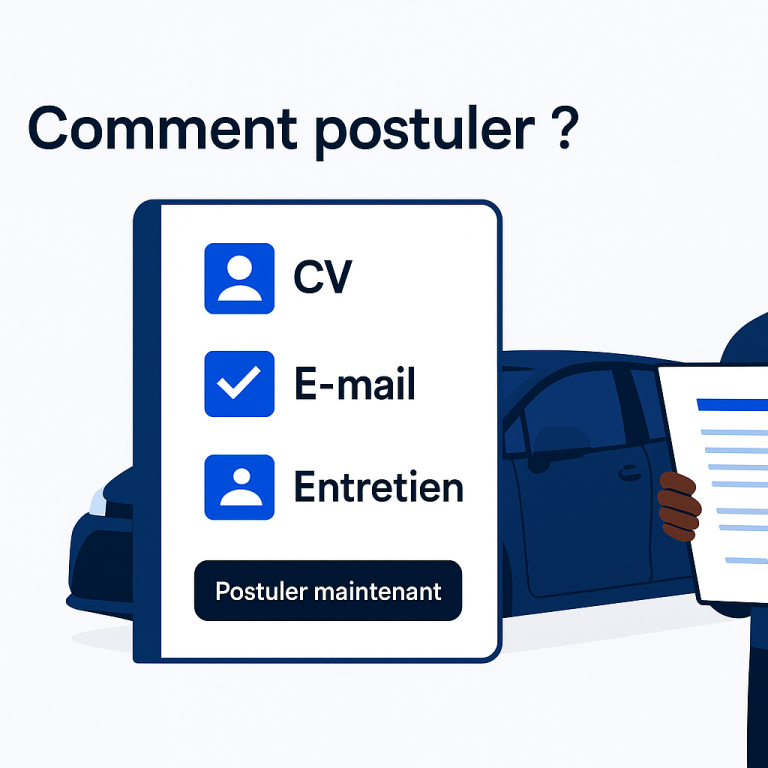 Une main tenant un panneau avec des options pour postuler : CV, e-mail, entretien.